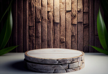 Wooden podium in rustic style, platform for product presentation with green leaves on background. Generative AI.