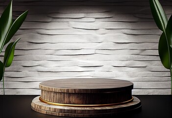 Wooden podium in rustic style, platform for product presentation with green leaves on background. Generative AI.