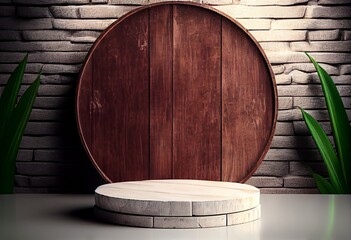 Wooden podium in rustic style, platform for product presentation with green leaves on background. Generative AI.