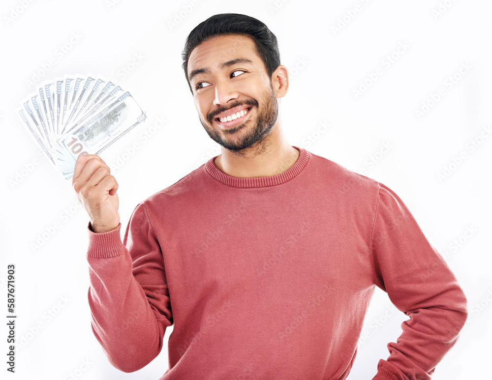 Wall mural Money fan, cash investment and man on white background for wealth, financial savings and payment bonus. Finance profit, winner and isolated male for winning, prize and stock market success in studio