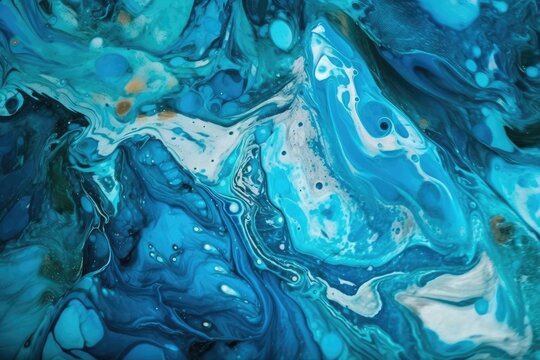 close-up view of an abstract blue and white painting with fluid patterns. Generative AI