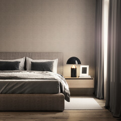 Modern bedroom interior design. Luxury home bedroom with empty wall background. 3D Rendering, 3D Illustration	