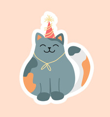 Grey cat with festive hat sticker. Holiday and festival. Spotted kitten wait gift or present. Happy and cheerful pet. Design element for greeting postcard. Cartoon flat vector illustration