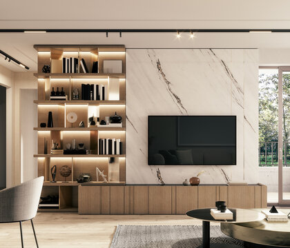 Modern marble TV wall with bookshelf. Home interior design. 3D Rendering, 3D Illustration