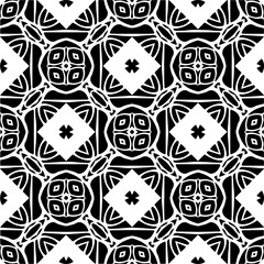 Dark background with abstract shapes. Black and white texture. Seamless monochrome repeating pattern for web page, textures, card, poster, fabric, textile.