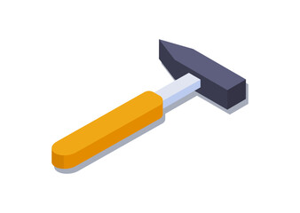 Isometric hammer concept. Construction equipment and tools for nailing, repair and building. Working instrument. Wooden handle with iron. 3D Cartoon vector illustration