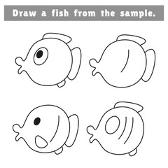 Draw fish from the sample. Educational game for children. Sea animal in cartoon style. Black and white vector illustration.