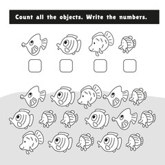 How many objects in the picture. Game for children. Count and write numbers. Educational puzzle game for children. Sea animals in cartoon style. Black and white vector illustration.