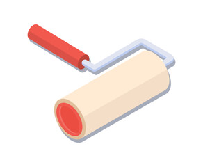Isometric painting roller concept. Inventory for construction and renovation, repair. Wall decor in apartment, room or house. Poster or banner. 3D cartoon vector illustration