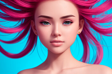 close-up of a woman with pink hair and blue eyes. Generative AI.