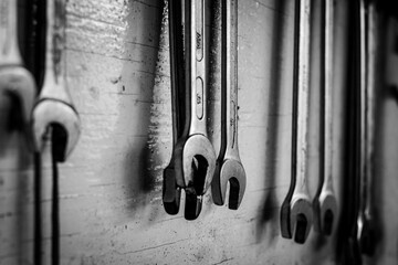 Llaves fijas organizadas en estante de taller mecánico