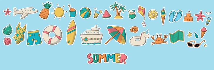 summer stickers set, hand drawn doodles with white edge for planners, prints, cards, scrapbooking, etc. EPS 10