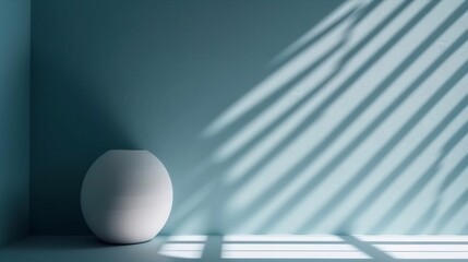 Minimalistic abstract gentle light blue background of the room with a shadow on the wall. Generative AI.