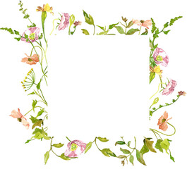 Watercolor wild flower frame on white background, perfect for rustic wedding invitation, save the date, bridal shower, baby shower card, spring wreath, countryside style