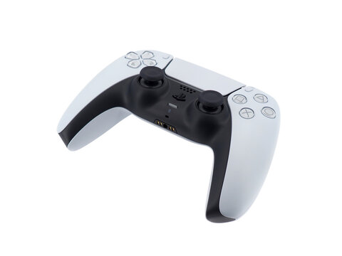 ROME, ITALY - APRIL 1, 2023. Sony PS5 Wireless Controller isolated on white background. PlayStation is a video gaming brand that consists of five home video game consoles.