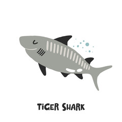 Tiger shark. Hand drawn vector cartoon illustration for kids. Amusing Sea Animal