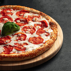 Freshly baked pizza pepperoni with cheese and basil
