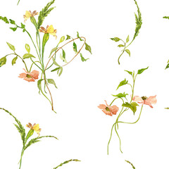 Watercolor wild flowers seamless pattern, delicate floral wallpaper, textile, cover, print, meadow greenery, herbs