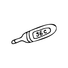 Electronic  thermometer. Thermometer for measuring body temperature. Loss of strength, low temperature. Medical tool. Doodle. Vector illustration. Drawn by hand. Outline.