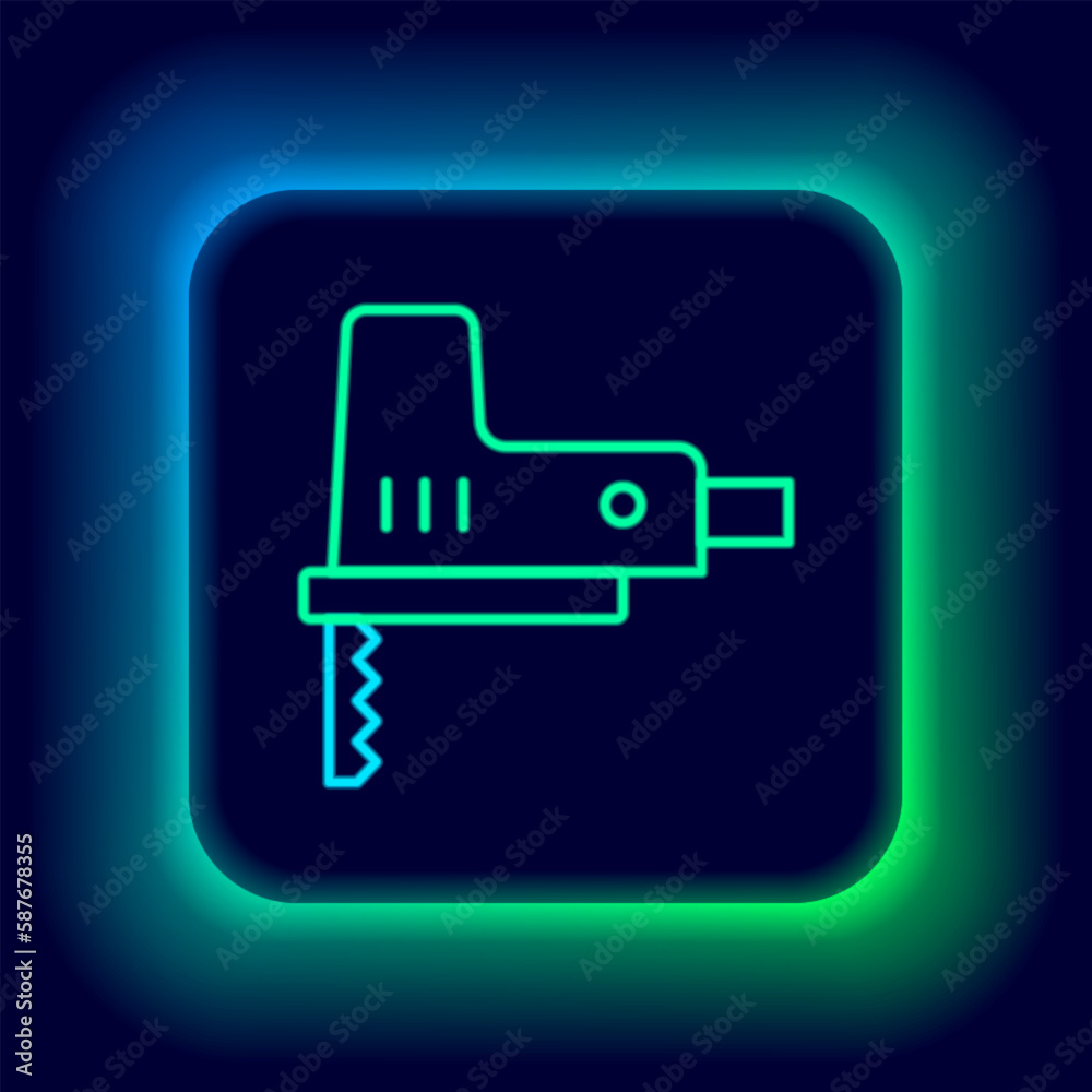 Poster glowing neon line electric jigsaw with steel sharp blade icon isolated on black background. power to