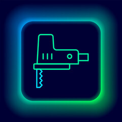 Glowing neon line Electric jigsaw with steel sharp blade icon isolated on black background. Power tool for woodwork. Colorful outline concept. Vector