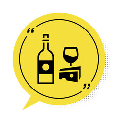 Black Wine bottle with glass and cheese icon isolated on white background. Romantic dinner. Yellow speech bubble symbol. Vector