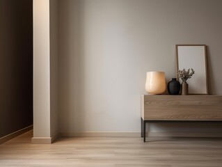 Fototapeta na wymiar Stylish Room with Wooden Sideboard and White Wall Mockup - Generative AI