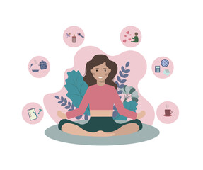  happy yoga mom is relaxing in the middle of the mess around and despite household duties. . Vector flat