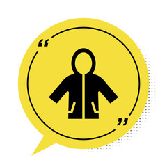 Black Raincoat icon isolated on white background. Yellow speech bubble symbol. Vector