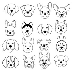 Doodle Cartoon dog illustration set in different poses. Cute sitting, running and lying vector dog isolated on white background