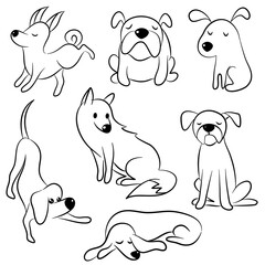 Cute dogs hand drawn vector set. Cartoon dog characters design collection in different poses.