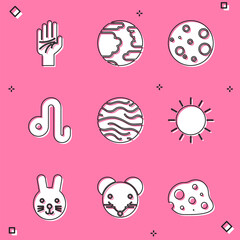 Set Palmistry of the hand, Planet Mercury, Moon, Leo zodiac, Venus, Sun, Rabbit and Rat icon. Vector