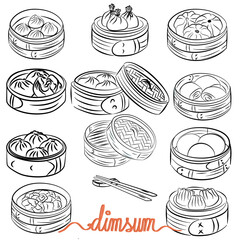 Hand drawn dim sum set. Vector background illustration.