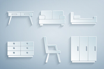 Set Armchair, Bed, Chest of drawers, Wardrobe, Sofa and Office desk icon. Vector