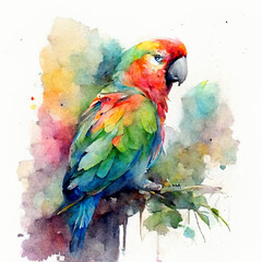 Watercolor painting of a parrot with white background.