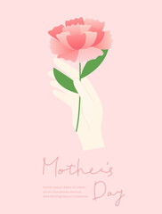 Mother's Day poster with a hand holding carnation.