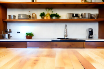 Modern kitchen interior with empty counter, post processed generative AI art