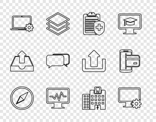 Set line Wind rose, Computer monitor and gear, Clipboard with medical insurance, Monitor cardiogram, Laptop, Chat, Dental clinic and NFC Payment icon. Vector