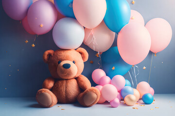 Cute teddy bear with pink and blue balloons, kid's birthday concept, gender reveal party, post processed generative AI art