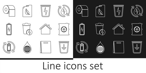 Set line Send to the trash, Radioactive waste in barrel, Lightning with can, Battery, Toilet paper roll, House and Bio fuel canister icon. Vector