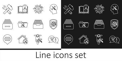 Set line Question and Exclamation, Stop virus, bacteria, Bacteria, Folder service, Drawer with documents, Crossed hammer wrench, and Interesting facts icon. Vector