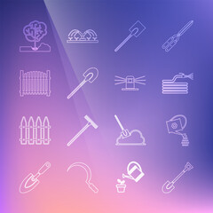 Set line Garden shovel, Watering can, hose or fire hose, fence, Planting tree the ground and Automatic irrigation sprinklers icon. Vector