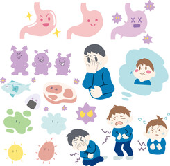 食中毒をイメージした主線なしカラーイラストセット