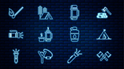 Set line Crossed wooden axe, Tourist tent with flag, Thermos container, Flashlight, Burning match fire, Canteen water bottle and icon. Vector
