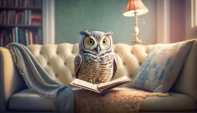 owl reading book on sofa, wisdom and knowledge concept, Generative AI