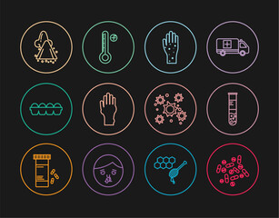Set line Medicine pill or tablet, Test tube and flask, Hand with psoriasis eczema, Chicken egg box, Runny nose, Bacteria and Medical digital thermometer icon. Vector