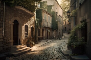 Fototapeta na wymiar a cobblestone street in a small town with stone buildings. generative ai