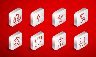 Set line Swiss army knife, Fishing float, Spring scale, Worm, Camping lantern, Hiking backpack, jacket and Lifebuoy icon. Vector