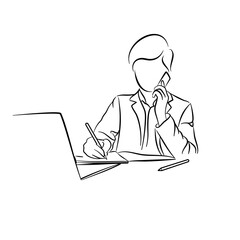 Business man using laptop and talking on the phone.Line drawing illustration.