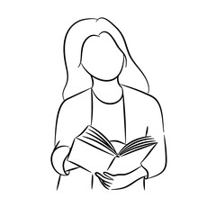 Woman relaxing with cup of tea coffee and reading a book.Line drawing vector illustrations.